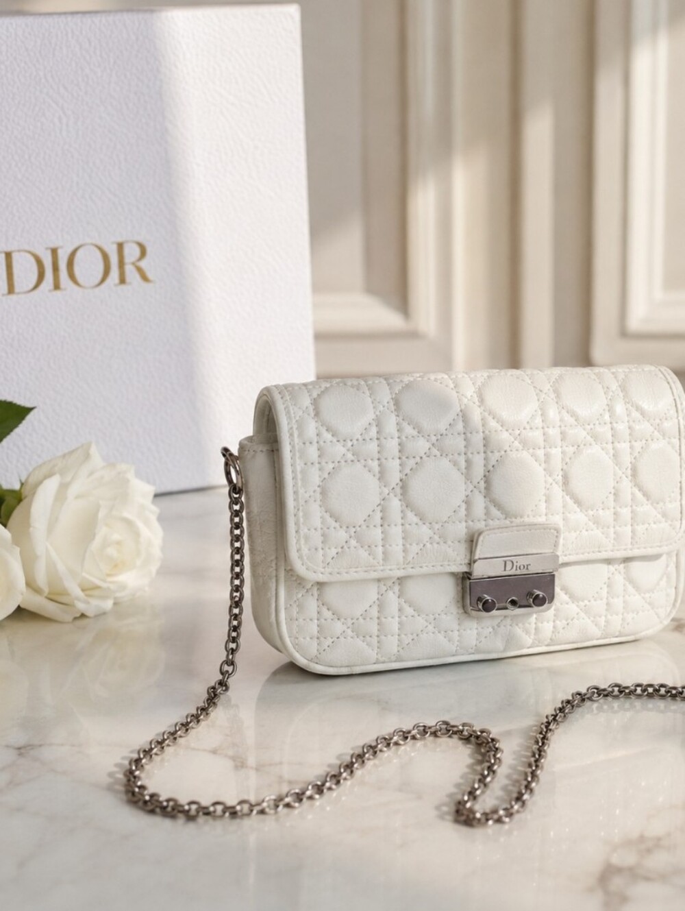 Dior White Quilted Leather Crossbody Bag with Silver Chain